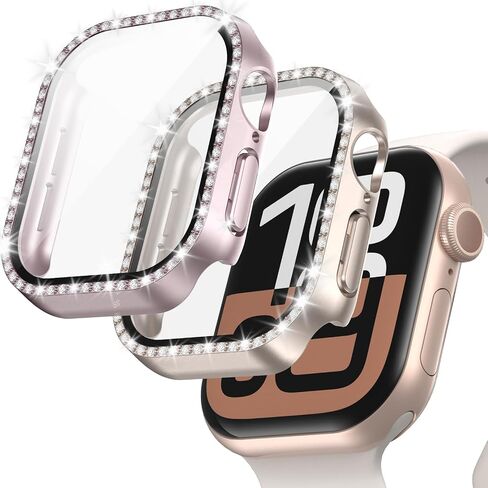 JZK 2-Pack Bling Case with Tempered Glass for Apple Watch Series 10 46mm Screen Protector,Women Glitter Diamond Rhinestone Bumper Crystal Cover for iWatch 10 46mm Accessories,Rose Gold+Starlight in Saudi Arabia