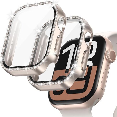 JZK 2-Pack Bling Case with Tempered Glass for Apple Watch Series 10 46mm Screen Protector,Women Glitter Diamond Rhinestone Bumper Crystal Cover for iWatch 10 46mm Accessories,Rose Gold+Starlight in Saudi Arabia
