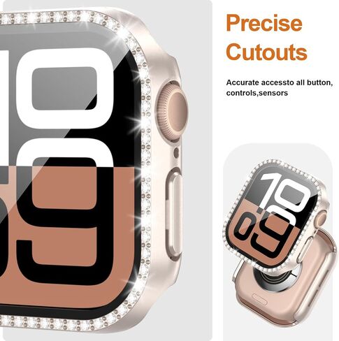 JZK 2-Pack Bling Case with Tempered Glass for Apple Watch Series 10 46mm Screen Protector,Women Glitter Diamond Rhinestone Bumper Crystal Cover for iWatch 10 46mm Accessories,Rose Gold+Starlight in Saudi Arabia