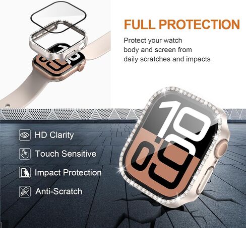 JZK 2-Pack Bling Case with Tempered Glass for Apple Watch Series 10 46mm Screen Protector,Women Glitter Diamond Rhinestone Bumper Crystal Cover for iWatch 10 46mm Accessories,Rose Gold+Starlight in Saudi Arabia