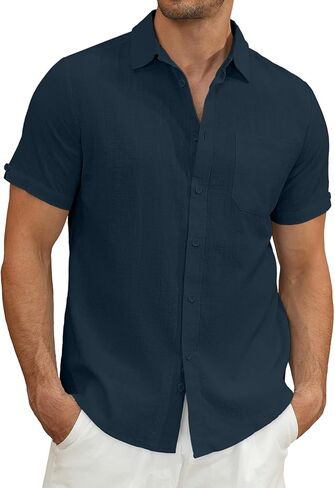 Mens Casual Button Down Shirts Short Sleeve Cotton Dress Shirt in Kuwait