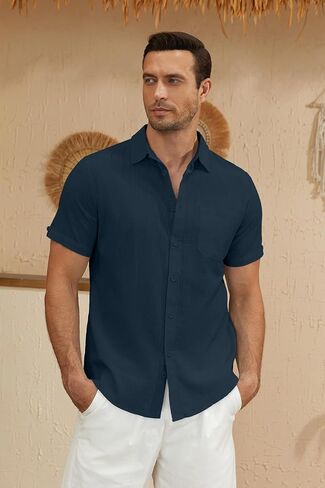 Mens Casual Button Down Shirts Short Sleeve Cotton Dress Shirt in Kuwait
