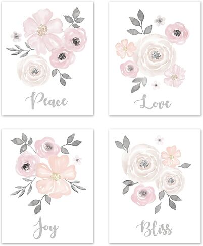 Sweet Jojo Designs Blush Pink, Grey and White Love Peace Joy Bliss Wall Art Prints Room Decor for Baby, Nursery, and Kids for Watercolor Floral Collection - Set of 4 in Saudi Arabia