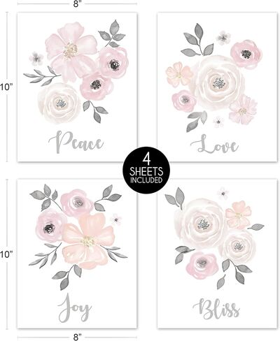 Sweet Jojo Designs Blush Pink, Grey and White Love Peace Joy Bliss Wall Art Prints Room Decor for Baby, Nursery, and Kids for Watercolor Floral Collection - Set of 4 in Saudi Arabia
