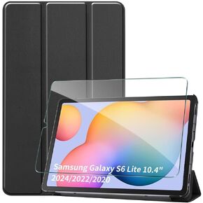 Case for Samsung Galaxy Tab S6 Lite 10.4" (2024/2022/2020) with Tempered Glass Screen Protector, Tri-Fold Stand, Smart Cover Auto Wake/Sleep - Black