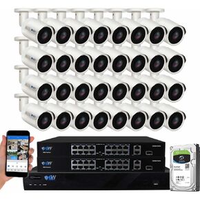 GW Security 32 Channel 4K NVR 8MP AI Human & Vehicle Detection Security Camera System with 32 UHD 4K 2160P Microphone PoE Outdoor/Indoor Waterproof IP Security Bullet Cameras (White)