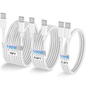 100W USB C to USB C Cable 3-Pack [3.3FT+6.6FT+10FT],Type C Fast Charging Cable Compatible with iPhone 15/15Plus/15 Pro/15Pro Max，Galaxy S24 S23，iPad, MacBook，Switch，Pixel and More