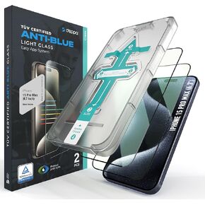 Deppa |2 Pack| Eye Safeguard TÜV Certified Anti-Blue Light Screen Protector for iPhone 15 Pro Max (6.7') Tempered Glass Edge to Edge Full Cover with Easy Installation Kit Tray