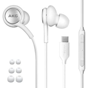 2020 Earbuds USB C Headphones for Samsung Galaxy S21, Note 10, Galaxy S10, S9 Plus, S10e - Designed by AKG - Braided Cable with Microphone and Volume Remote Type-C Connector - White