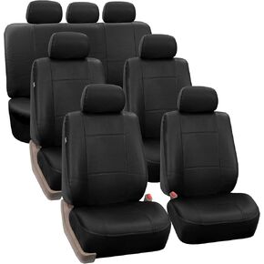 FH Group Car Seat Covers PU Leather 3 Row Car Seat Covers w. 7 Headrests, Airbag Compatible and Split Bench - Fit Most Car, Truck, SUV, or Van Solid Black