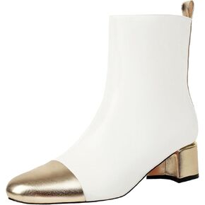 Mofirdast Womens Ankle Chunky Low Heels Boots Round Cap Toe Two-tone Color Blocking Booties Side Zipper Booties Shoes