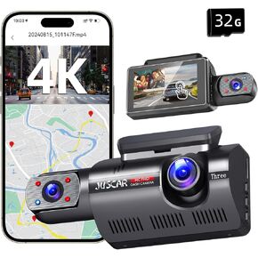 Smart 4K Dual Dash Cam with WiFi GPS, Voice Control, 4K+1080P Front and Inside Car Camera, UHD Night Vision, Dash Camera for Cars with 3" IPS Touch Screen, 24H Parking Mode, G-Sensor, 32GB Card