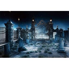 AOFOTO 10x7ft Halloween Night Cemetery Backdrop for Pictures Starry Sky Wild Grass Ancient Building Iron Gate Fence Tombstone Old Graveyard Scene Background Photography Headstone Studio Props Vinyl