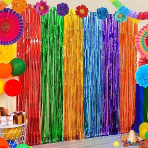 Fiesta Party Decorations Foil Fringe Curtains Backdrop 2 Pack Rainbow Mexican Themed Tinsel Streamers Perfect for Spain Taco Party Photo Booth Props Cinco de Mayo Dia De Los Muertos Decor