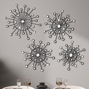 Blulu 4 Pcs Silver Metal Wall Art Bling Crystal Home Decor Cast Iron Rhinestones Sunburst Wall Decor Silver Wall Art Wall Hanging Diamond Accents Home Decorative for Bedroom Living Room Entryway