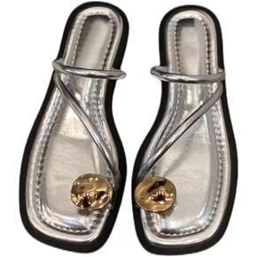 Women'S Leather Strappy Flat Metal Toe Ring Sandals Fashionable Square Open Toe Low Block Heel Slip-On Clip Toe Slide Sandals Casual Summer Beach Slipper