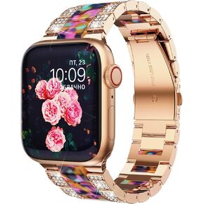 GELISHI Compatible with Apple Watch Band 46mm 45mm 44mm 42mm Women Bling Stainless Steel Resin Band Bracelet Fashion Wristband for Watch Series 9 8 7 6 5 4 3/ SE 2, Rose Gold/Pink