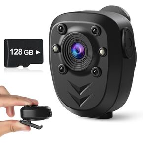 Mini Body Camera with Video & Audio Recording Video Recorder Built-in 128GB Memory Card with Night Vision IR & Loop Record HD 1080 Police Cam for Home, Outdoor, Law Enforcement, Security Guard