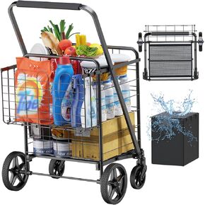 Folding Shopping Cart with Brake Swivel Wheels, Jumbo Grocery Cart with Waterproof Bag & Double Basket, 340lbs Portable Heavy Duty Utility Cart for Shopping/Laundry/Condo in Saudi Arabia