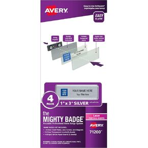 The Mighty Badge by Avery, 1" x 3" Magnetic Name Tags, 50 Silver Name Badges, 120 Customizable Inserts (71208)
