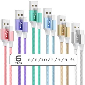 كابل USB إلى USB C، 6 حزم (3/3/3/6/6/10 قدم) شاحن من النوع C سلك شحن سريع 3.1A ملون من النايلون المضفر Android شاحن نوع C كابل لهاتف iPhone 16 15 Pro Max Plus، Samsung Galaxy، Google Pixel، إل جي