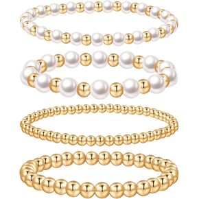 BMMYE Gold Bracelets for Women, 14K Gold Plated Bracelets Set Stackable, Hypoallergenic Adjustable Gold Stretch Bead Ball Bracelet Stack Set Gifts for Women Girls