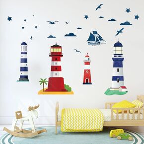 Anfigure Nautical Lighthouse Wall Decals Sailboat Beach Boat Coastal Seagull Bird Wall Stickers Boys Girls Baby Nursery Kids Room Daycare Girls Bedroom Living Room Wall Decor