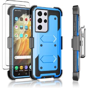 Njjex Rugged Case for Samsung Galaxy S21 Plus, for Galaxy S21+ Plus Case W/Tempered Glass Screen Protector [2 Pack], [Nbeck] Heavy Duty Locking Swivel Holster Belt Clip Kickstand Hard Cover [Black]