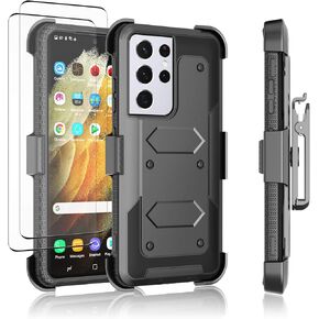 Njjex Rugged Case for Samsung Galaxy S21 Plus, for Galaxy S21+ Plus Case W/Tempered Glass Screen Protector [2 Pack], [Nbeck] Heavy Duty Locking Swivel Holster Belt Clip Kickstand Hard Cover [Black]