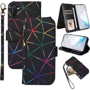 Wallet Case for Samsung Galaxy Note 10 5G with Wrist Strap, 9+ Card Slots Luxury PU Leather Zipper Flip Purse, Card Holder Stand Geometric Phone Cover for Note10 Notes 10s Ten Not S10 Black