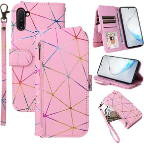 Wallet Case for Samsung Galaxy Note 10 5G with Wrist Strap, 9+ Card Slots Luxury PU Leather Zipper Flip Purse, Card Holder Stand Geometric Phone Cover for Note10 Notes 10s Ten Not S10 Black