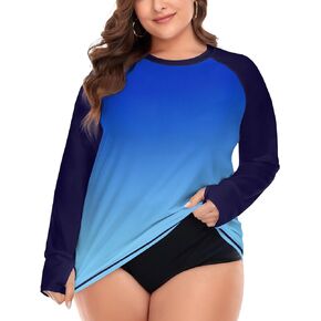 FOREYOND Plus Size Swim Shirt Rash Guard for Women Long Sleeve UPF 50+ Sun Protection Loose Fit Swimwear Swimsuit Top, Gradient Green, 2X in Kuwait