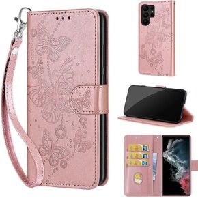 Designed for Samsung Galaxy S23 Ultra Case Wallet,Women Flip Folio Cover with Embossed PU Leather Stand Credit Card Holders Slots Wrist Strap Phone Case for Samsung S23 Ultra 5G (Rose Gold Butterfly)
