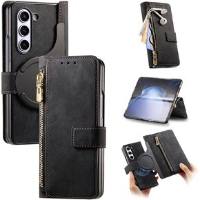 for Samsung Galaxy Z Fold 6 Case with S Pen Holder Shockproof Zipper Wallet Card Holder Magnetic Detachable PU Leather RFID Blocking Protective Kickstand Cover for Samsung Z Fold 6, Black