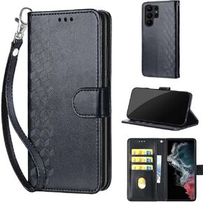مصمم لهاتف Samsung Galaxy S23 Ultra، غطاء قابل للطي للسيدات مع حامل من جلد البولي يوريثان المنقوش وفتحات لبطاقات الائتمان وحزام المعصم لهاتف Samsung S23 Ultra 5G (فراشة ذهبية وردية)