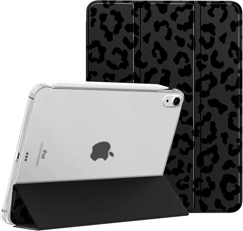 متوافق مع iPad Air 6th 11 بوصة M2 (2024)، iPad Air 5/4 (2022/2020 الجيل الخامس/الرابع 10.9 بوصة) حافظة مع حامل قلم رصاص لطيف أسود ليوبارد ناعم من البولي يوريثان اللدن بالحرارة حامل ثلاثي الطي واقٍ - ليوبارد in Kuwait
