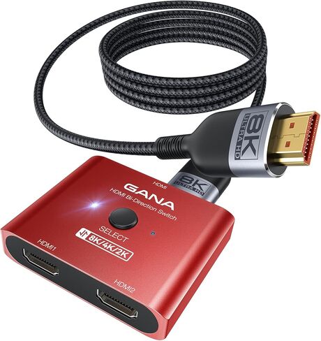 GANA HDMI 2.1 Switch، محول HDMI ثنائي الاتجاه فائق الدقة 8K يدعم 4K@120 هرتز، 8K@60 هرتز، مع كابل HDMI 4.9FT، محدد HDMI من الألومنيوم لأجهزة PS5/PS4، Xbox، Roku، TV، Fire Stick (أسود) in Kuwait