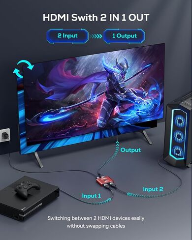 GANA HDMI 2.1 Switch، محول HDMI ثنائي الاتجاه فائق الدقة 8K يدعم 4K@120 هرتز، 8K@60 هرتز، مع كابل HDMI 4.9FT، محدد HDMI من الألومنيوم لأجهزة PS5/PS4، Xbox، Roku، TV، Fire Stick (أسود) in Kuwait