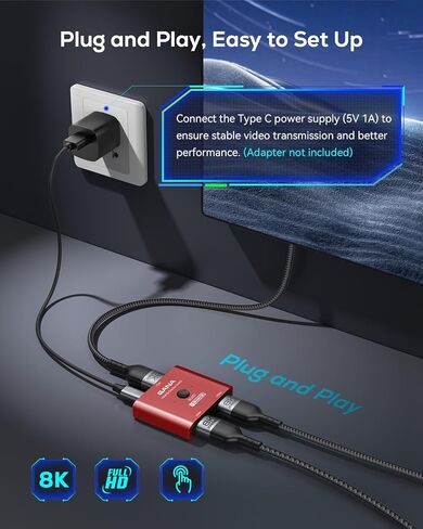 GANA HDMI 2.1 Switch، محول HDMI ثنائي الاتجاه فائق الدقة 8K يدعم 4K@120 هرتز، 8K@60 هرتز، مع كابل HDMI 4.9FT، محدد HDMI من الألومنيوم لأجهزة PS5/PS4، Xbox، Roku، TV، Fire Stick (أسود) in Kuwait