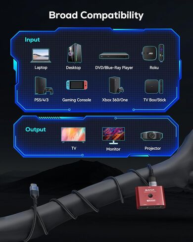 GANA HDMI 2.1 Switch، محول HDMI ثنائي الاتجاه فائق الدقة 8K يدعم 4K@120 هرتز، 8K@60 هرتز، مع كابل HDMI 4.9FT، محدد HDMI من الألومنيوم لأجهزة PS5/PS4، Xbox، Roku، TV، Fire Stick (أسود) in Kuwait