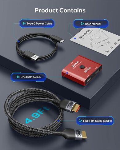 GANA HDMI 2.1 Switch، محول HDMI ثنائي الاتجاه فائق الدقة 8K يدعم 4K@120 هرتز، 8K@60 هرتز، مع كابل HDMI 4.9FT، محدد HDMI من الألومنيوم لأجهزة PS5/PS4، Xbox، Roku، TV، Fire Stick (أسود) in Kuwait