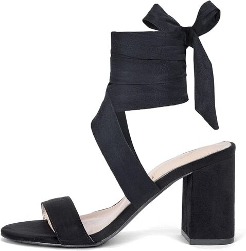 صنادل كعب مكتنزة بأربطة للنساء من GENSHUO، صنادل بكعب مكتنزة بطول 3 بوصة، صنادل بكعب ملفوف عند أصابع القدم مفتوحة وربطة عنق in Kuwait