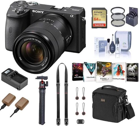 Sony Alpha a6600 Mirrorless Camera with 18-135mm Lens - Bundle with Shoulder Bag, 64GB SD Card, 2X Extra Battery, Charger, Strap, Tripod, Corel PC Software Kit, 55mm Filter Kit, Cleaning Kit in Saudi Arabia