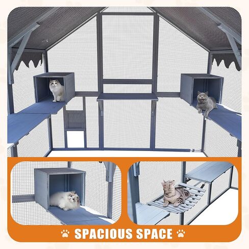68 Inch Wooden Catio Outdoor Cat Enclosure w/Napping Houses, Luxury Kitty-House with Jumping Platforms & Weatherproof Asphalt Roof, Walk-in Kitty Kennel Condo Shelter in Saudi Arabia
