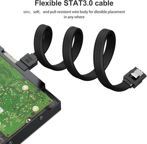 كابل SATA III مكون من قطعتين، كابل بيانات مستقيم SATA III بسرعة 6.0 جيجابت في الثانية مع مزلاج قفل [مضفر من النايلون] لمحرك أقراص SATA HDD وSSD ومحرك الأقراص المضغوطة وكاتب الأقراص المضغوطة (12 بوصة، أسود) in Kuwait