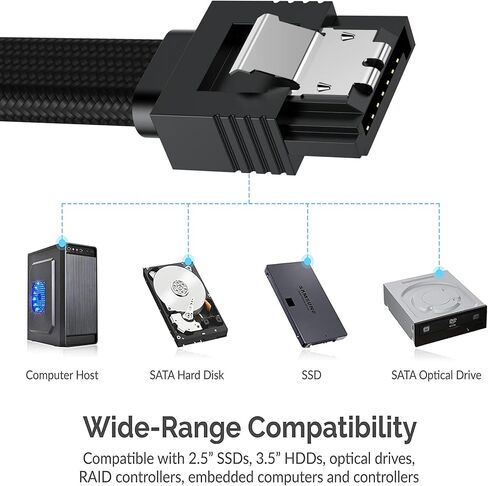 كابل SATA III مكون من قطعتين، كابل بيانات مستقيم SATA III بسرعة 6.0 جيجابت في الثانية مع مزلاج قفل [مضفر من النايلون] لمحرك أقراص SATA HDD وSSD ومحرك الأقراص المضغوطة وكاتب الأقراص المضغوطة (12 بوصة، أسود) in Kuwait