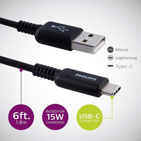 PHILIPS USB-C to USB-A Charging Cable, 6 Ft Cord, USB-If Certified, 15W, for iPad Pro, MacBook Pro, Samsung Galaxy S21/S10/S9/Plus, Google Pixel 5/C/3/2/XL, Black, DLC4106A/37 in Saudi Arabia