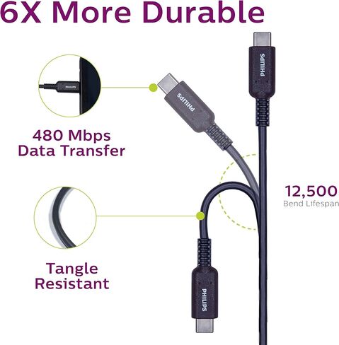 PHILIPS USB-C to USB-A Charging Cable, 6 Ft Cord, USB-If Certified, 15W, for iPad Pro, MacBook Pro, Samsung Galaxy S21/S10/S9/Plus, Google Pixel 5/C/3/2/XL, Black, DLC4106A/37 in Saudi Arabia