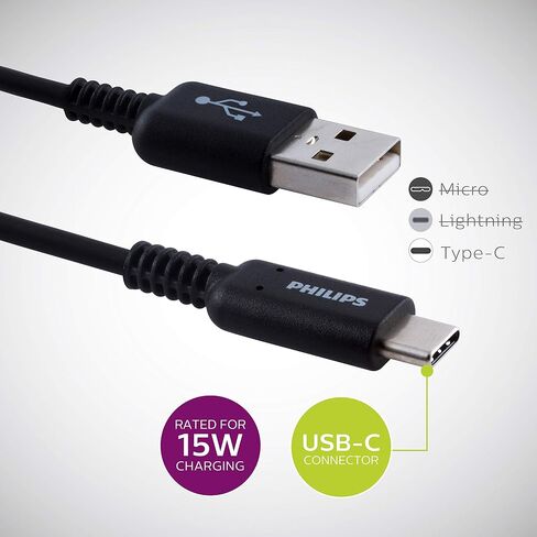 PHILIPS USB-C to USB-A Charging Cable, 6 Ft Cord, USB-If Certified, 15W, for iPad Pro, MacBook Pro, Samsung Galaxy S21/S10/S9/Plus, Google Pixel 5/C/3/2/XL, Black, DLC4106A/37 in Saudi Arabia