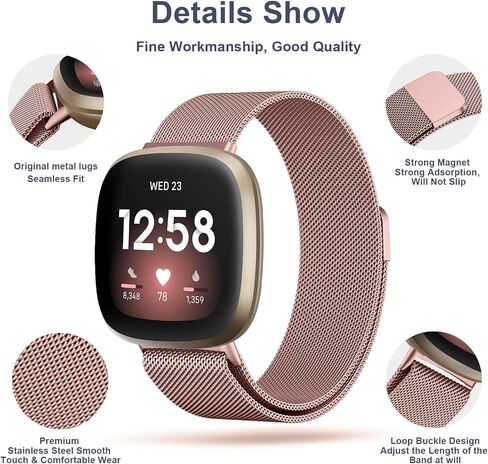 Amzpas Band for Fitbit Versa 4 Bands النساء والرجال، شبكة من الفولاذ المقاوم للصدأ حزام سوار بديل مغناطيسي متوافق مع Fitbit Sense 2 /Versa 4 / Fitbit Versa 3/Sense Smartwatch in Kuwait